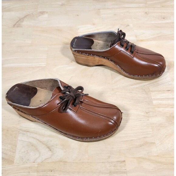 BASTAD Original Brown Leather Mules Wood Sole Clogs EU 39 US 8.5 Lagenlook Boho - Picture 1 of 12